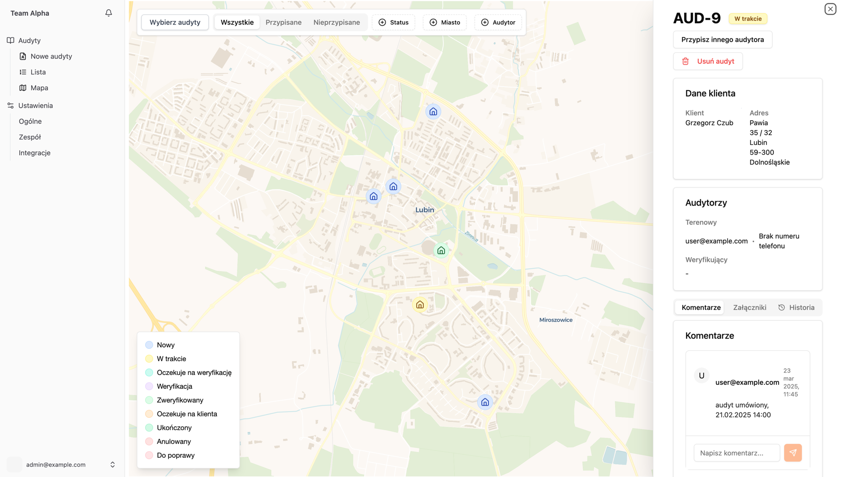 Interfejs mapy AuditFlow pokazujący lokalizacje audytów energetycznych z kolorowymi znacznikami i szczegółowymi informacjami o statusie każdego projektu