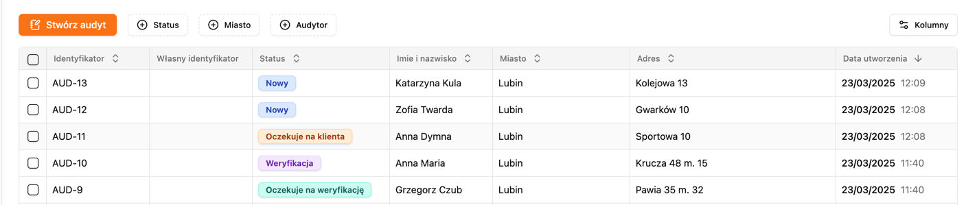 Tabela z listą audytów energetycznych zawierająca kolumny z informacjami o statusie, lokalizacji, przypisanych audytorach i terminach realizacji